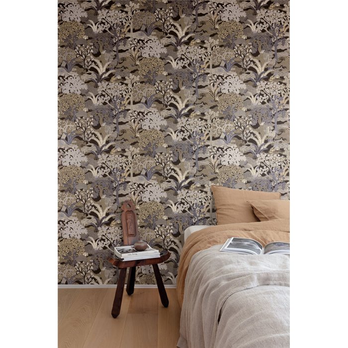 Papel pintado tropical bronce con intrincados árboles · Khroma Amazone ZON503