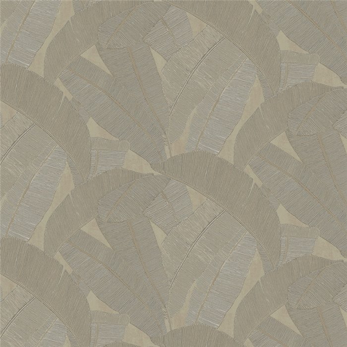 Papel pintado de hojas de banano beige y verde oliva con relieve lineal · Khroma Serica RIC206