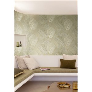 Bananenblatt-Tapete in Beige und Olivgrün mit Linienrelief 2