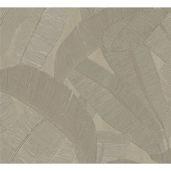 Papel pintado de hojas de banano beige y verde oliva con relieve lineal · Khroma Serica RIC206