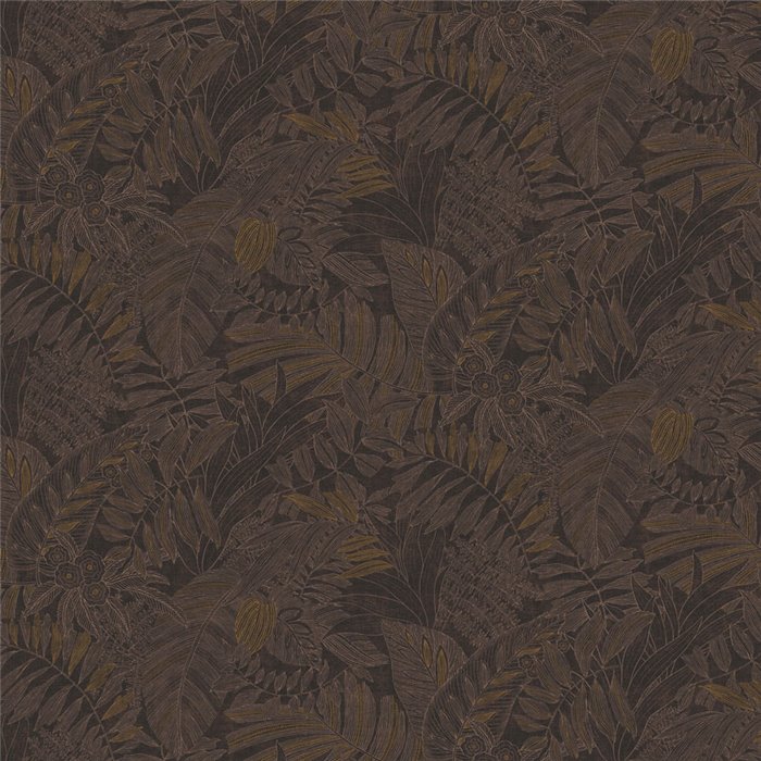 Papel pintado tropical marrón oscuro con hojas bronce · Khroma Ray RAY205