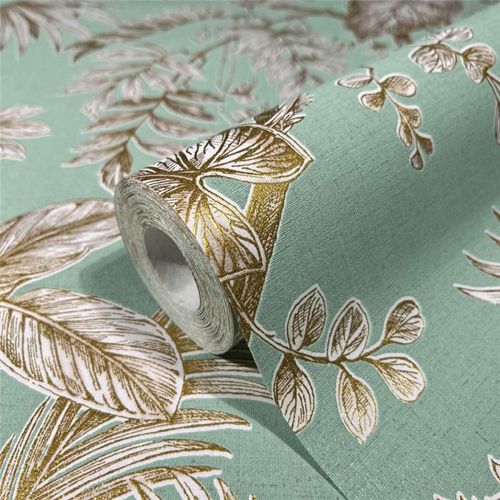 Tropical leaves wallpaper in green and gold ·  82341