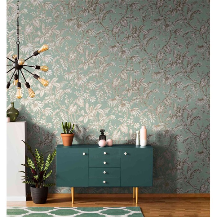 Tropical leaves wallpaper in green and gold ·  82341