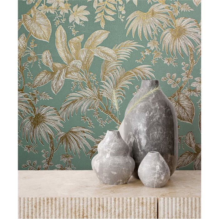 Tropical leaves wallpaper in green and gold ·  82341