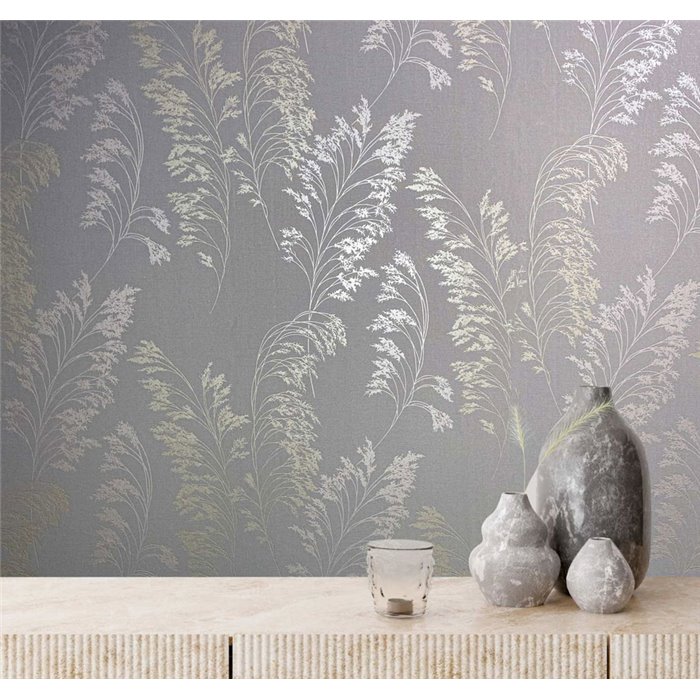 Tapete mit botanischen Blättern in Grau und Gold ·  82343