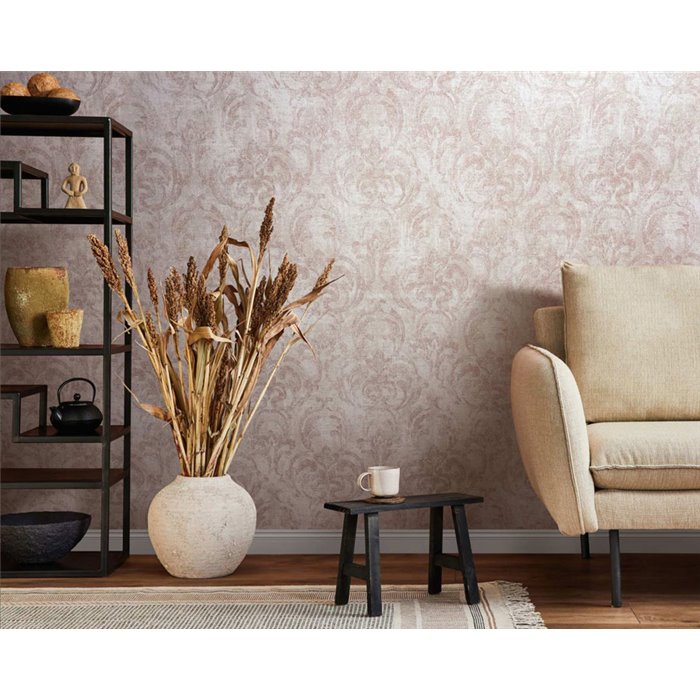 Papier peint damas classique beige et rose poudré ·  82387
