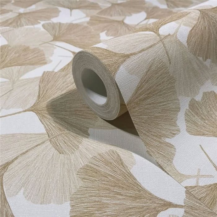 Papel pintado hojas de ginkgo Japandi beige y blanco ·  35784