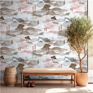 Papel pintado paisaje acuarela rosa y beige 2