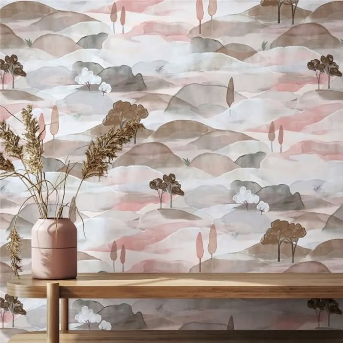 Papel pintado paisaje acuarela rosa y beige ·  35786