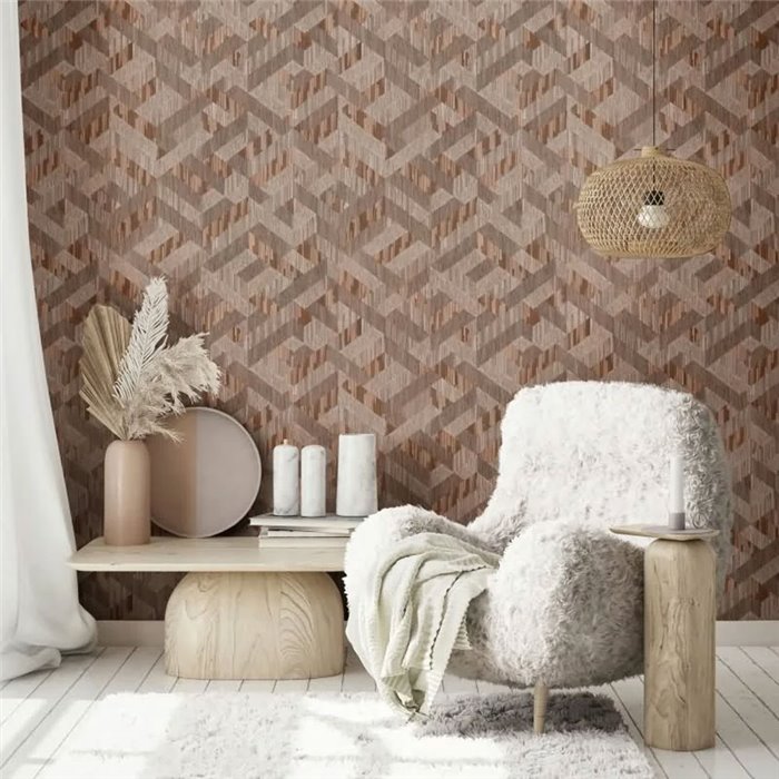 Papel pintado espiga geométrica boho marrón y beige ·  35789