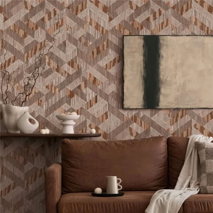 Papel pintado espiga geométrica boho marrón y beige ·  35789