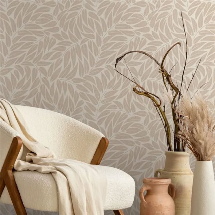 Papel pintado hojas botánicas boho beige y blanco crema ·  35796