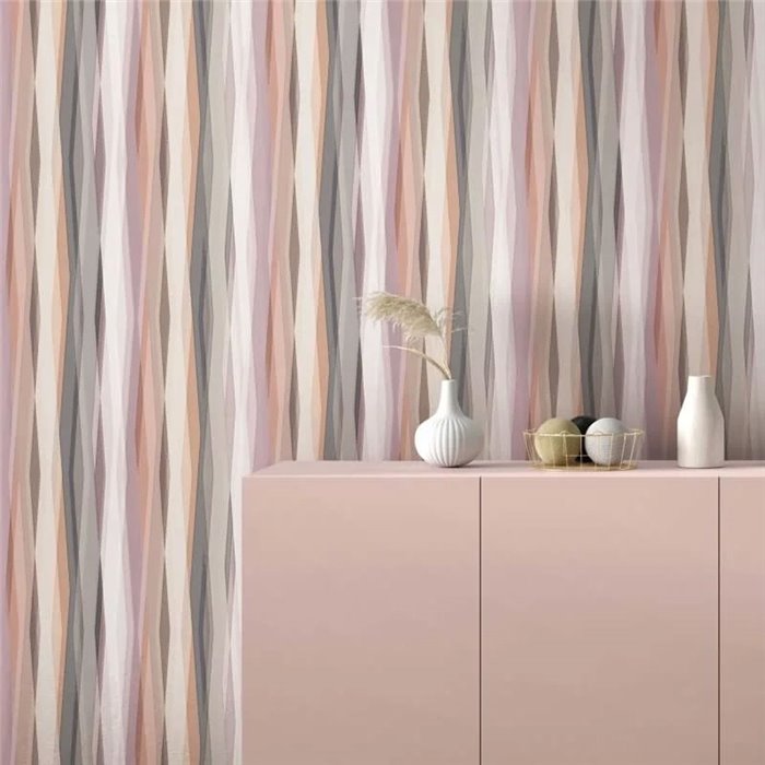 Papel pintado rayas onduladas rosa, beige y gris ·  89007