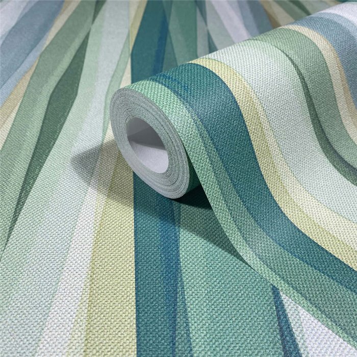 Papier peint à rayures ondulées vert et turquoise ·  89008