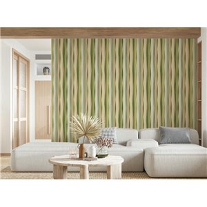 Papel pintado rayas onduladas verde y beige 2