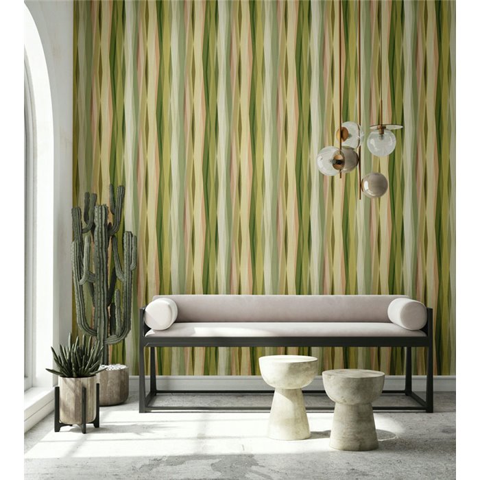 Papier peint à rayures ondulées vert et beige ·  89010