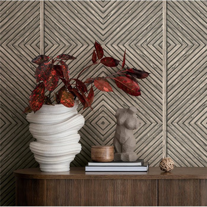 Papel pintado rombos geométricos beige y gris efecto madera ·  89018
