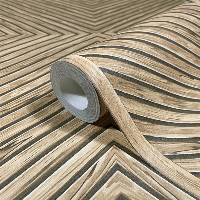 Papier peint losanges géométriques effet bois marron et beige ·  89019
