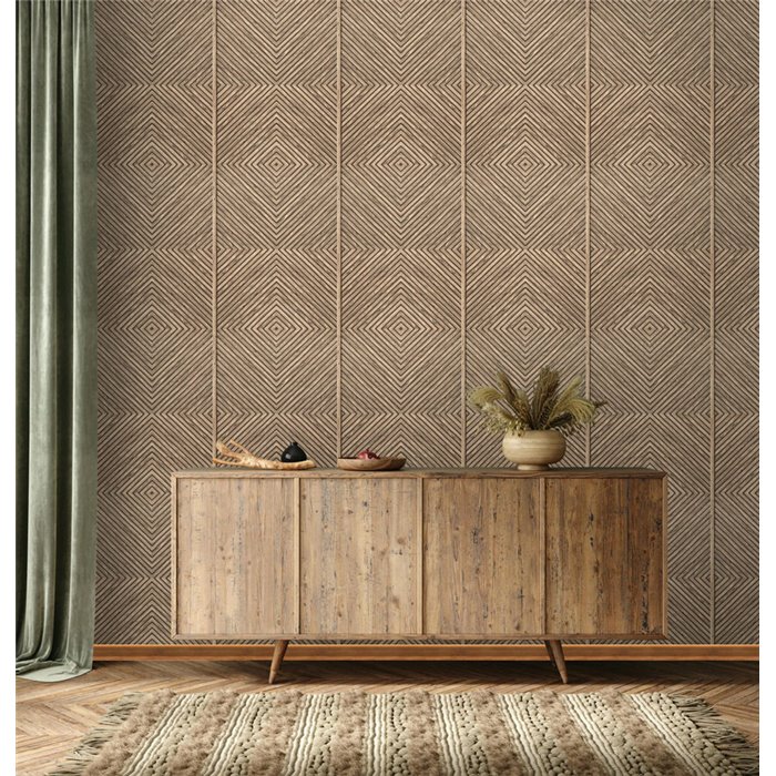 Papel pintado rombos geométricos efecto madera marrón y beige ·  89019