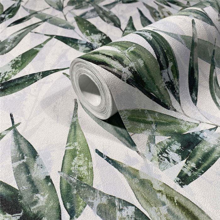Papel pintado hojas tropicales verdes fondo blanco ·  89039