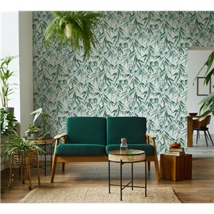 Papel pintado hojas tropicales verdes fondo blanco 2