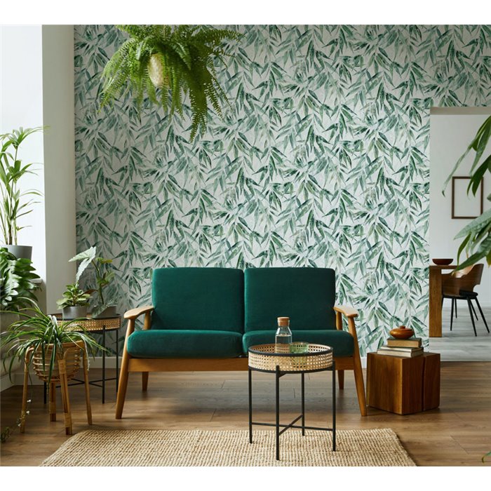 Papel pintado hojas tropicales verdes fondo blanco ·  89039