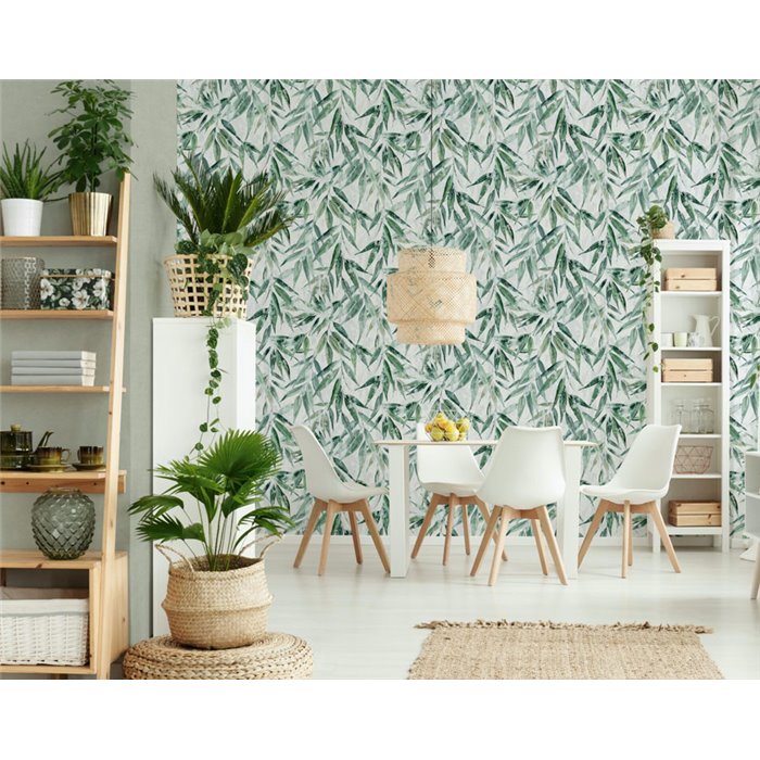 Tropical leaves wallpaper in green on white ·  89039