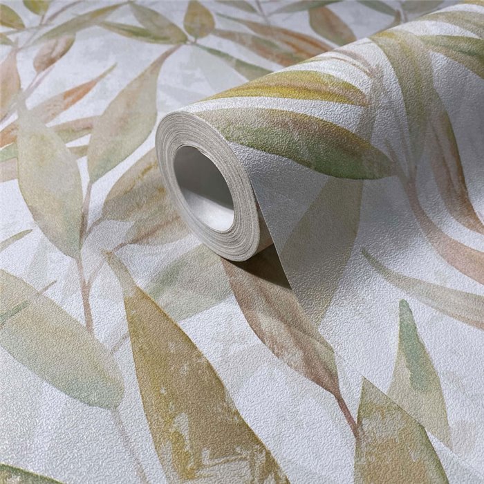 Papel pintado hojas botánicas Japandi verde y beige ·  89042