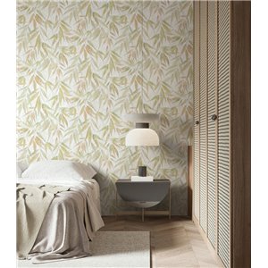 Papel pintado hojas botánicas Japandi verde y beige 2