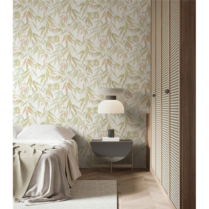 Papel pintado hojas botánicas Japandi verde y beige ·  89042
