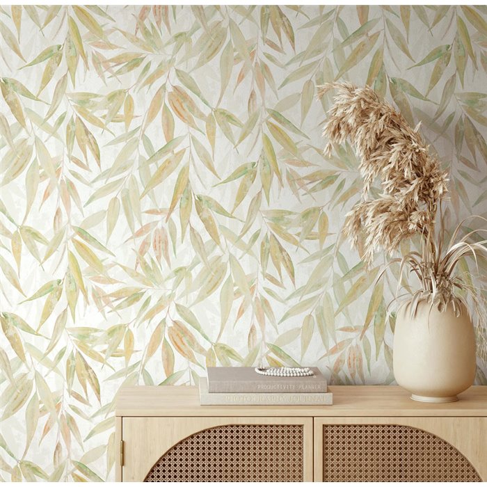 Papel pintado hojas botánicas Japandi verde y beige ·  89042