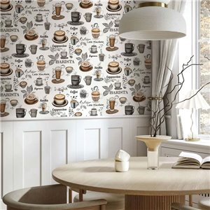 Papel pintado tazas de café vintage blanco y marrón 2