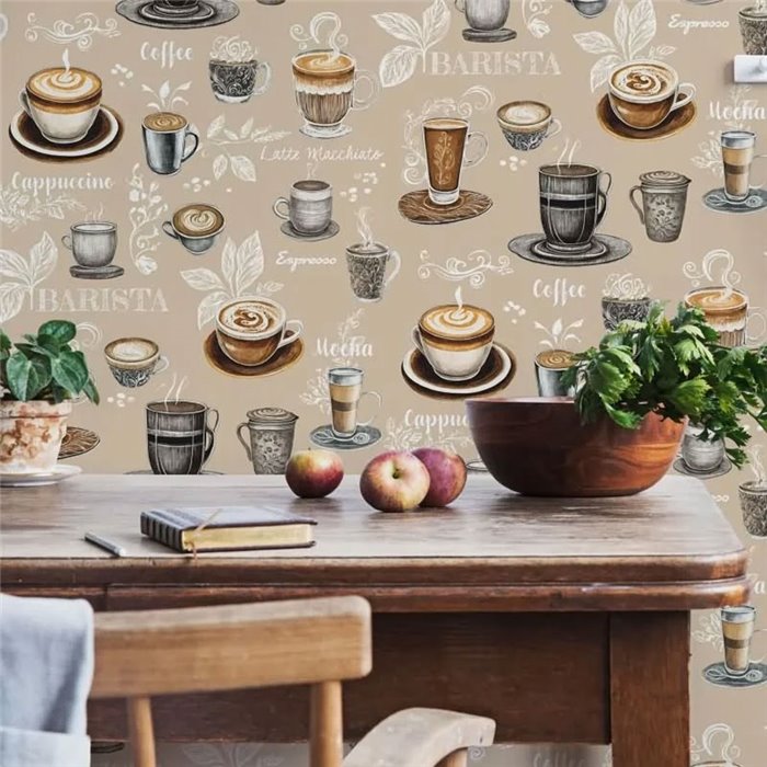 Papel pintado tazas de café vintage beige y marrón ·  89044
