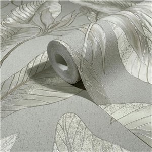 Papel pintado hojas tropicales grandes gris topo y beige
