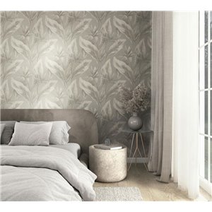 Papel pintado hojas tropicales grandes gris topo y beige 2
