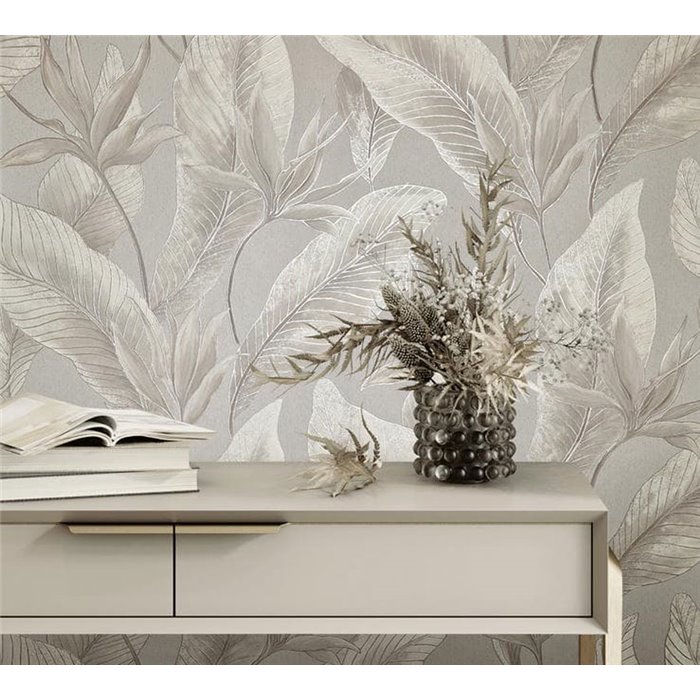 Papel pintado hojas tropicales grandes gris topo y beige ·  36464
