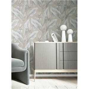 Papel pintado hojas tropicales grandes gris y beige 2