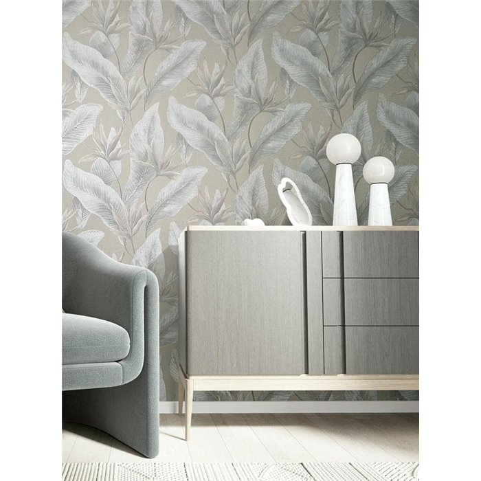 Papel pintado hojas tropicales grandes gris y beige ·  36465