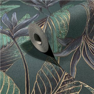 Papel pintado hojas tropicales verde petróleo y gris