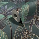 Papel pintado hojas tropicales verde petróleo y gris ·  36466