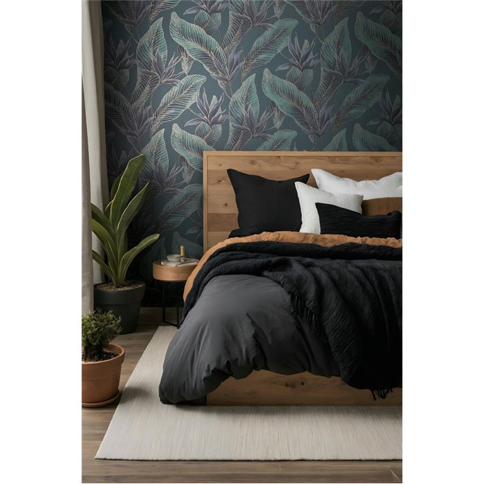 Papel pintado hojas tropicales verde petróleo y gris ·  36466