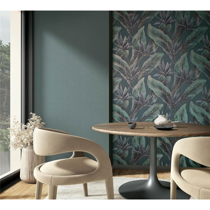 Papier peint feuilles tropicales vert pétrole et gris ·  36466