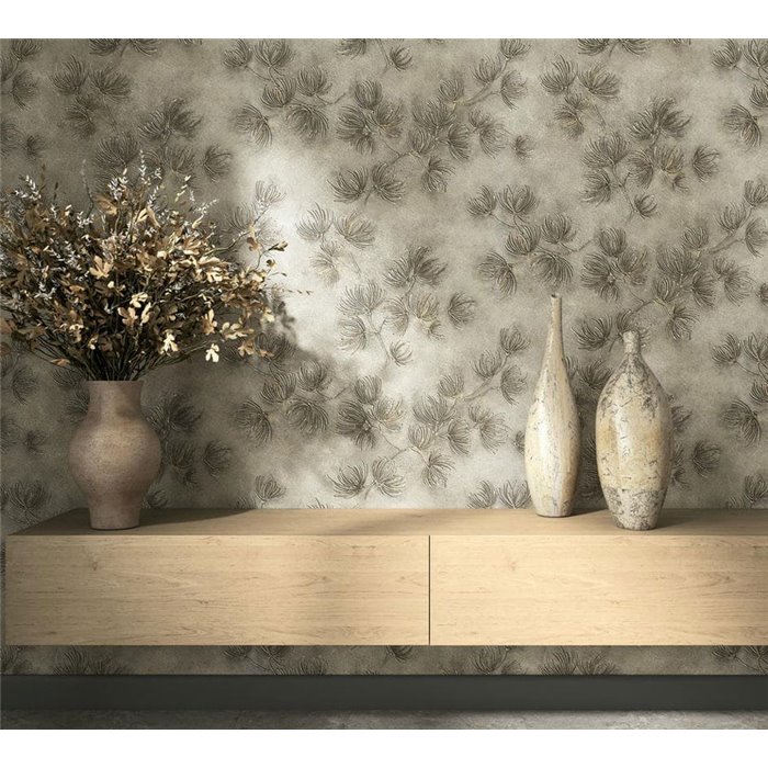 Papier peint branches de pin beige et bronze ·  36496