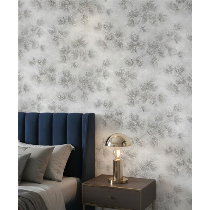 Papel pintado flores modernas gris con relieve ·  36497