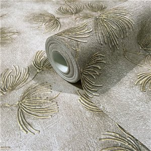 Papel pintado hojas estilizadas beige y dorado