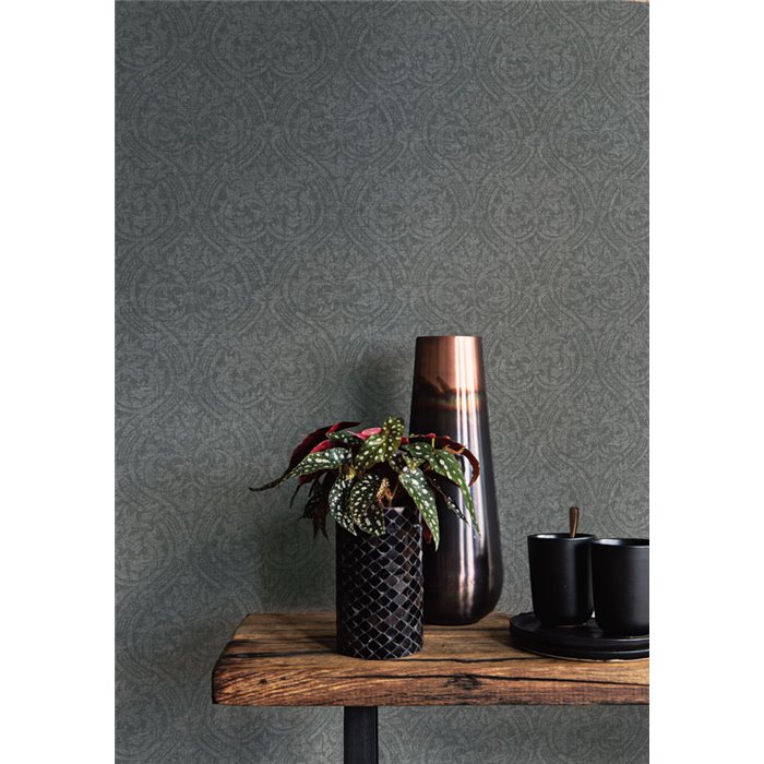 Papel pintado damasco de medallones verde textura tejida · Rasch Atelier Tissé 613346