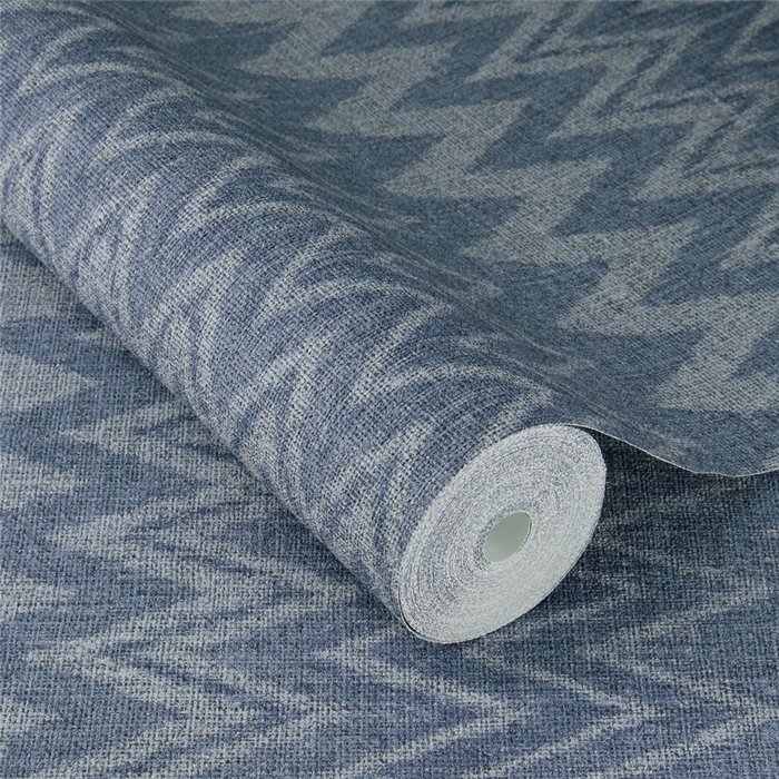 Papier peint bleu à rayures zigzag boho style ikat · Rasch Atelier Tissé 613674
