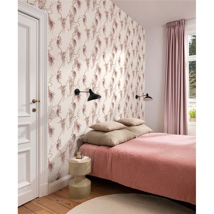 Papel pintado floral romántico rosa glicinias colgantes · Rasch In Bloom 412352