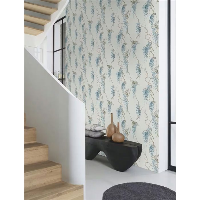 Romantische florale Tapete blau mit hängender Glyzinie · Rasch In Bloom 412369
