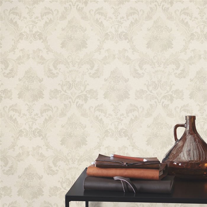 Papel pintado damasco beige claro ornamento grande · Rasch In Bloom 412604